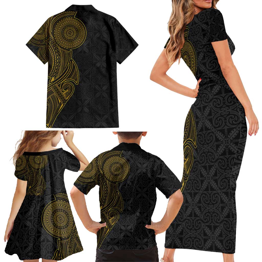 Niue Polynesian Hiapo Tattoo Art Family Matching Short Sleeve Bodycon Dress and Hawaiian Shirt Half Style Black Gold Color - Polynesian Pride