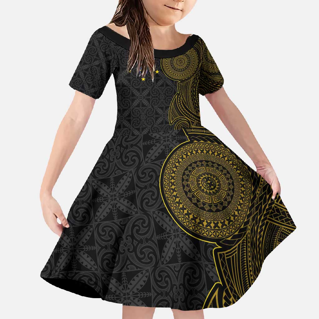 Niue Polynesian Hiapo Tattoo Art Family Matching Summer Maxi Dress and Hawaiian Shirt Half Style Black Gold Color - Polynesian Pride