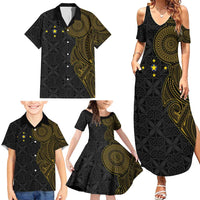 Niue Polynesian Hiapo Tattoo Art Family Matching Summer Maxi Dress and Hawaiian Shirt Half Style Black Gold Color - Polynesian Pride