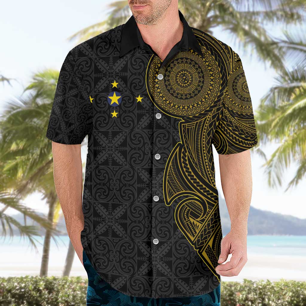 Niue Polynesian Hiapo Tattoo Art Hawaiian Shirt Half Style Black Gold Color - Polynesian Pride