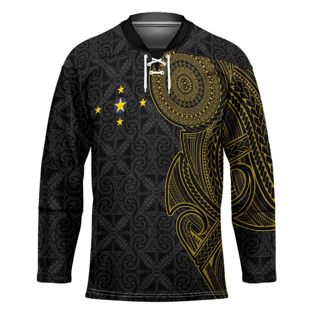Niue Polynesian Hiapo Tattoo Art Hockey Jersey Half Style Black Gold Color - Polynesian Pride