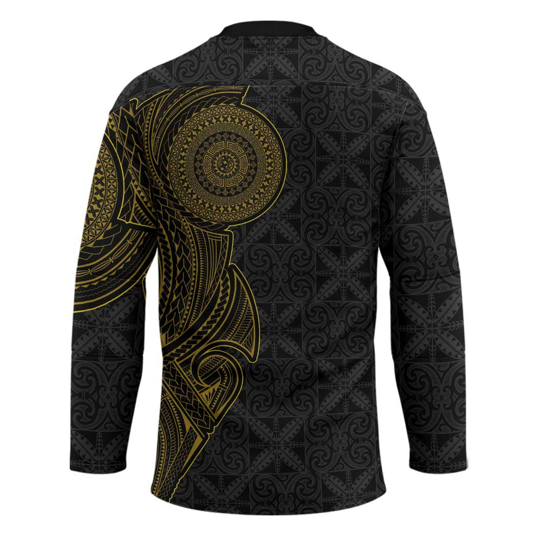 Niue Polynesian Hiapo Tattoo Art Hockey Jersey Half Style Black Gold Color - Polynesian Pride