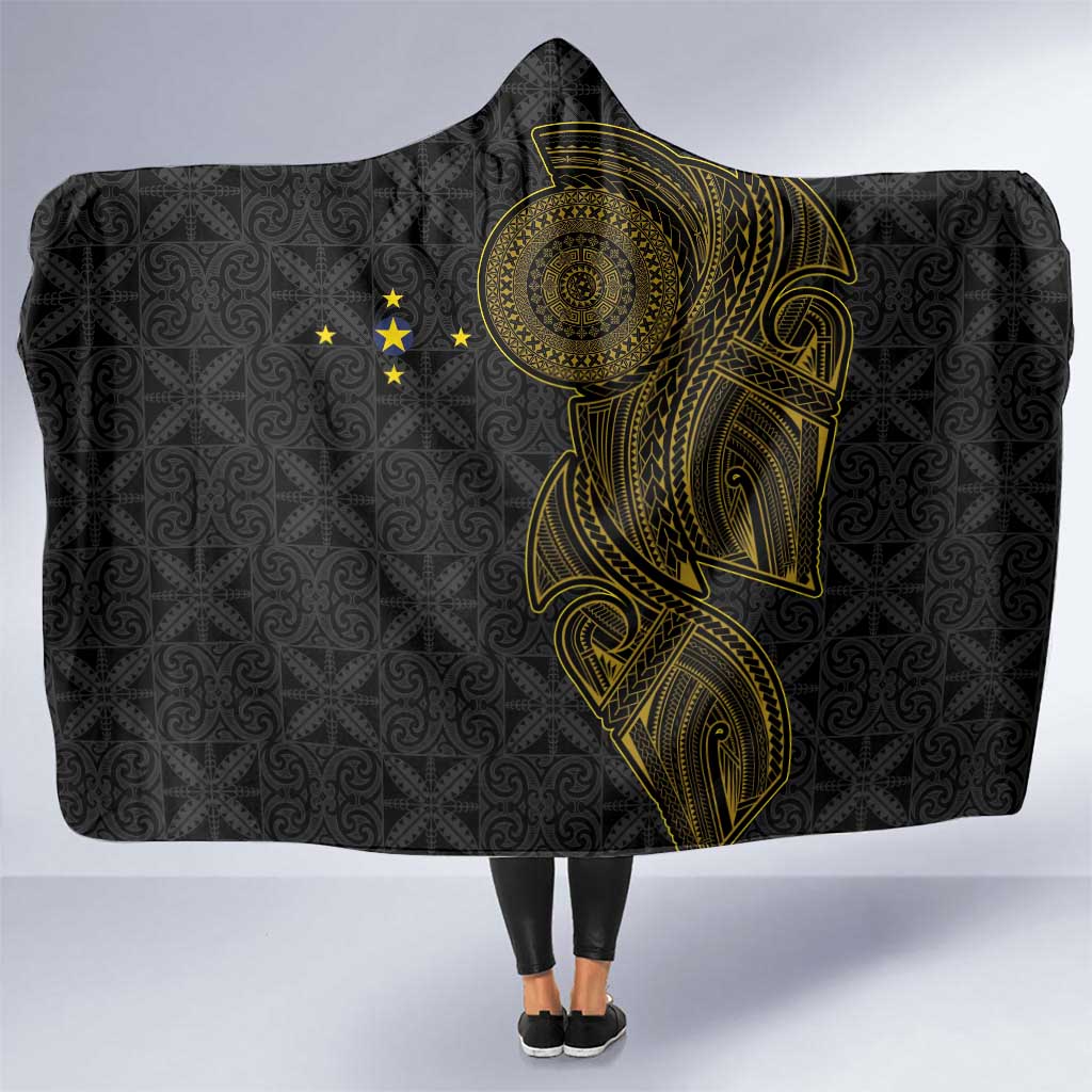 Niue Polynesian Hiapo Tattoo Art Hooded Blanket Half Style Black Gold Color - Polynesian Pride