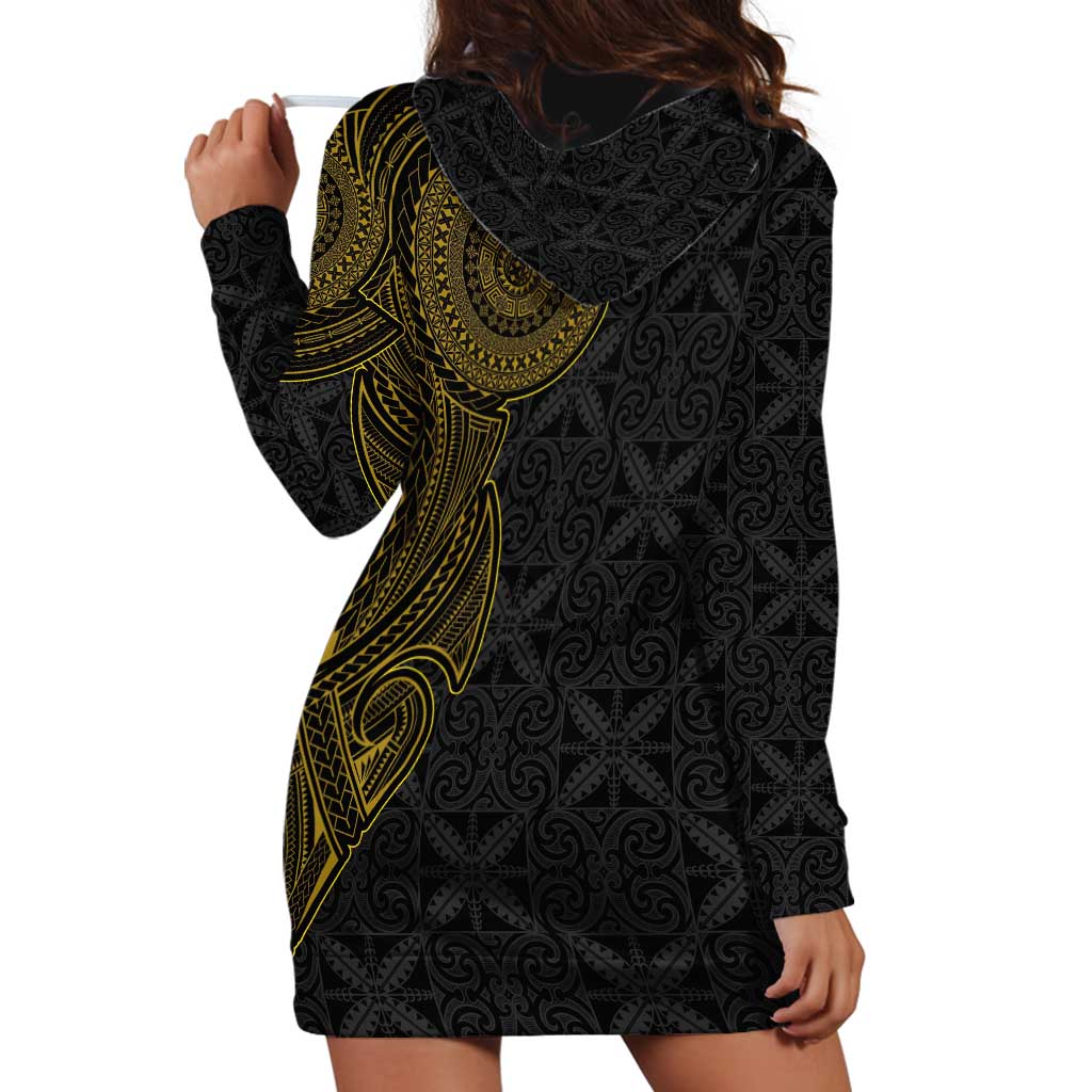 Niue Polynesian Hiapo Tattoo Art Hoodie Dress Half Style Black Gold Color - Polynesian Pride