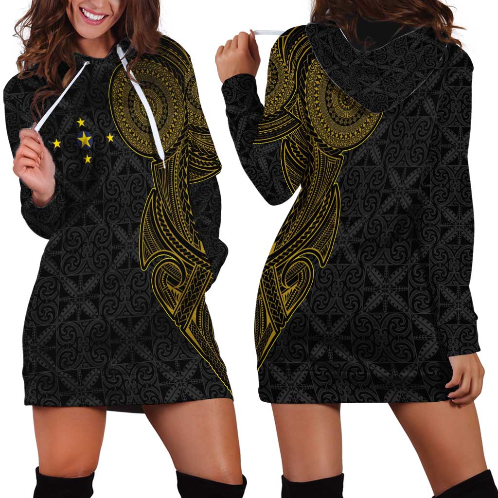 Niue Polynesian Hiapo Tattoo Art Hoodie Dress Half Style Black Gold Color - Polynesian Pride