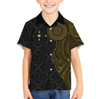 Niue Polynesian Hiapo Tattoo Art Kid Hawaiian Shirt Half Style Black Gold Color - Polynesian Pride