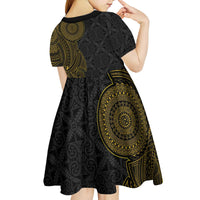 Niue Polynesian Hiapo Tattoo Art Kid Short Sleeve Dress Half Style Black Gold Color - Polynesian Pride