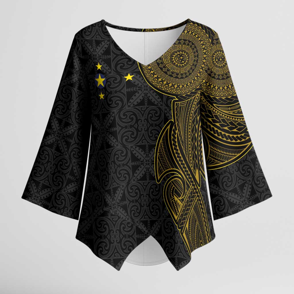 Niue Polynesian Hiapo Tattoo Art Kimono Sleeve Blouse Half Style Black Gold Color - Polynesian Pride