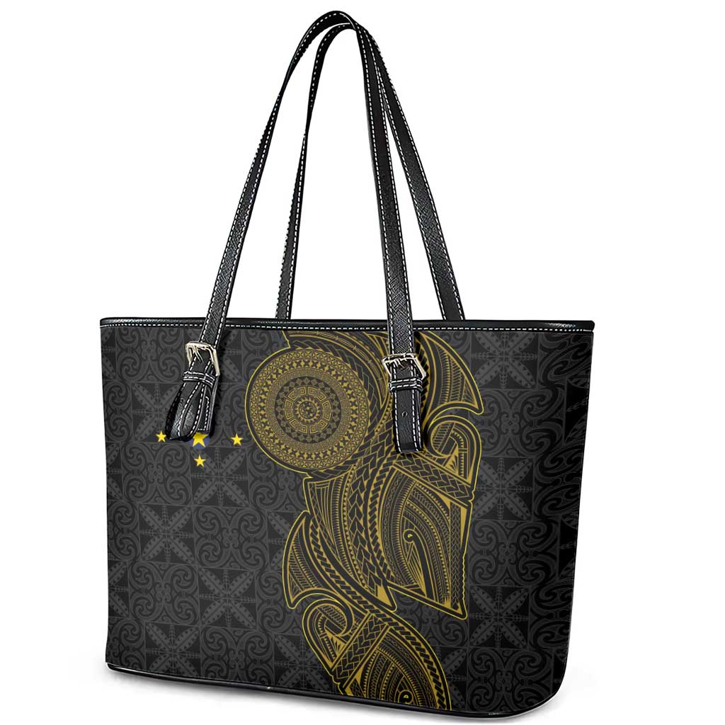 Niue Polynesian Hiapo Tattoo Art Leather Tote Bag Half Style Black Gold Color - Polynesian Pride