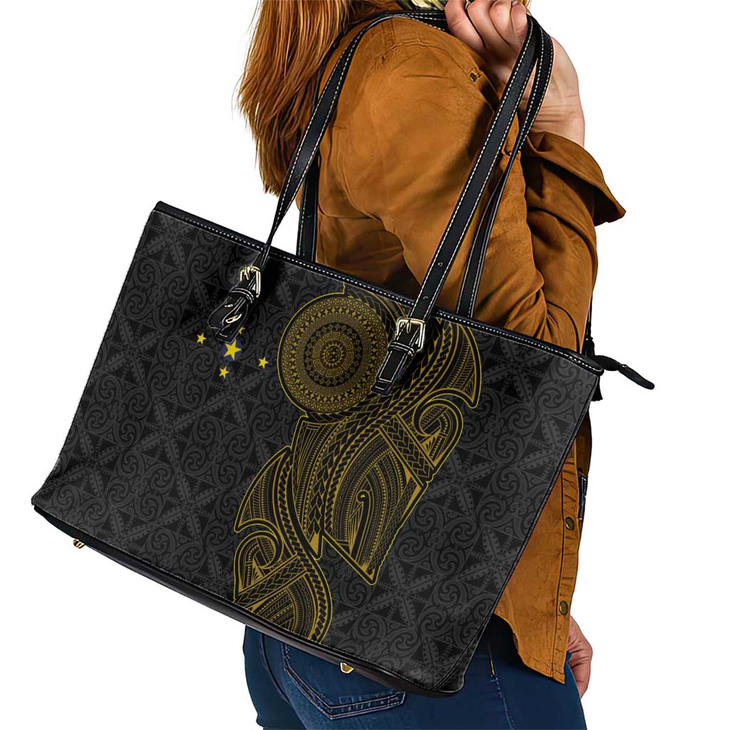 Niue Polynesian Hiapo Tattoo Art Leather Tote Bag Half Style Black Gold Color - Polynesian Pride
