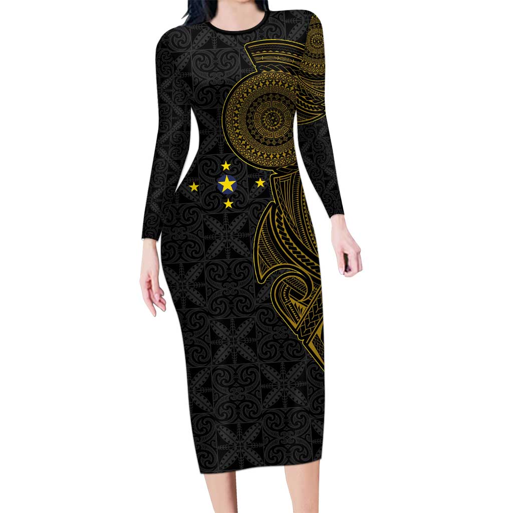 Niue Polynesian Hiapo Tattoo Art Long Sleeve Bodycon Dress Half Style Black Gold Color - Polynesian Pride