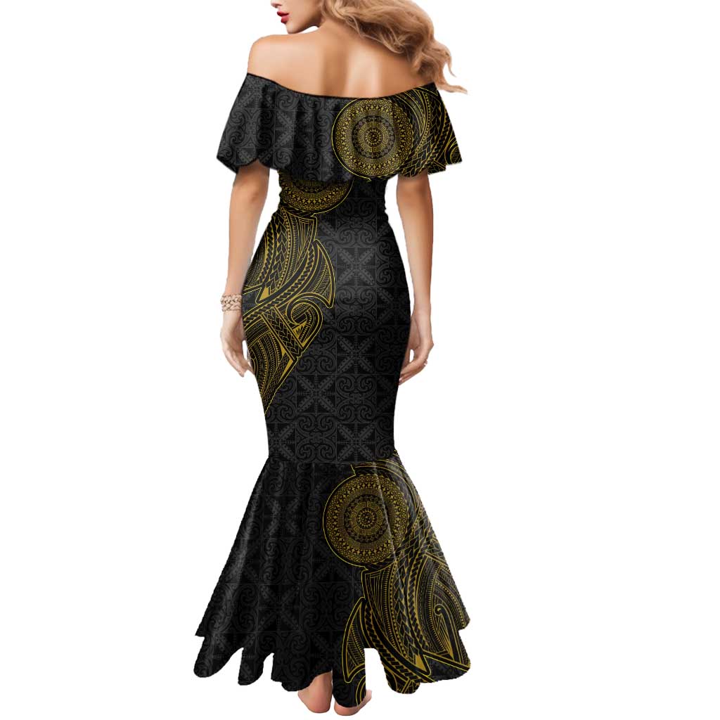 Niue Polynesian Hiapo Tattoo Art Mermaid Dress Half Style Black Gold Color - Polynesian Pride