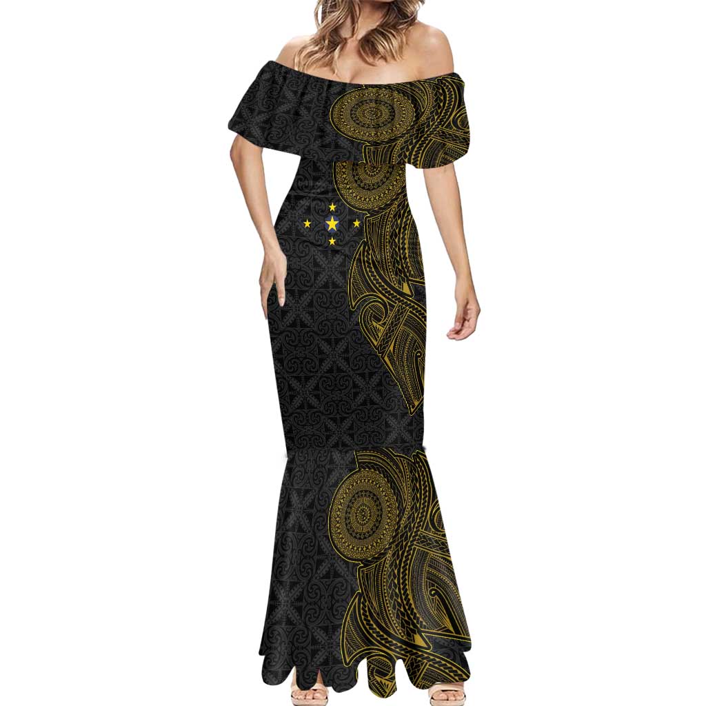 Niue Polynesian Hiapo Tattoo Art Mermaid Dress Half Style Black Gold Color - Polynesian Pride