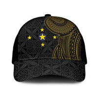 Niue Polynesian Hiapo Tattoo Art Mesh Trucker Cap Half Style Black Gold Color - Polynesian Pride