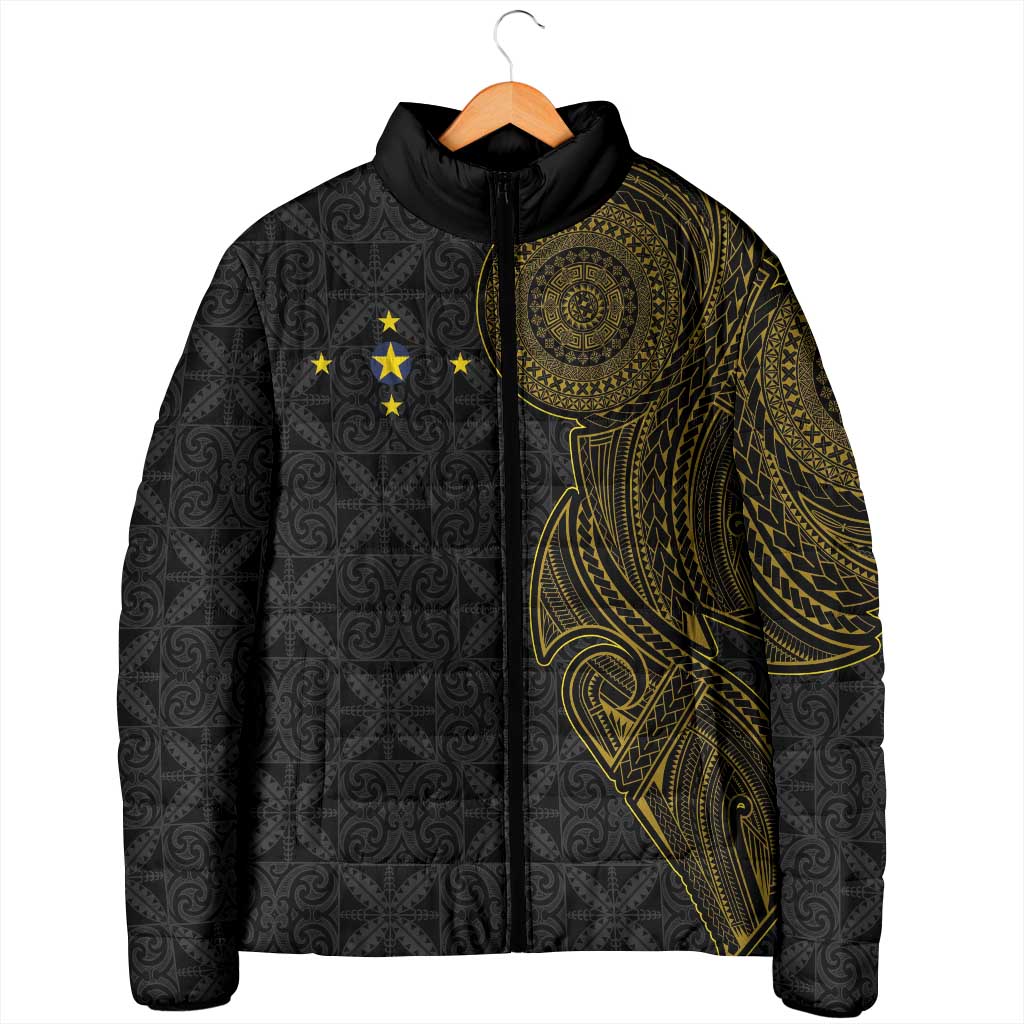 Niue Polynesian Hiapo Tattoo Art Padded Jacket Half Style Black Gold Color - Polynesian Pride