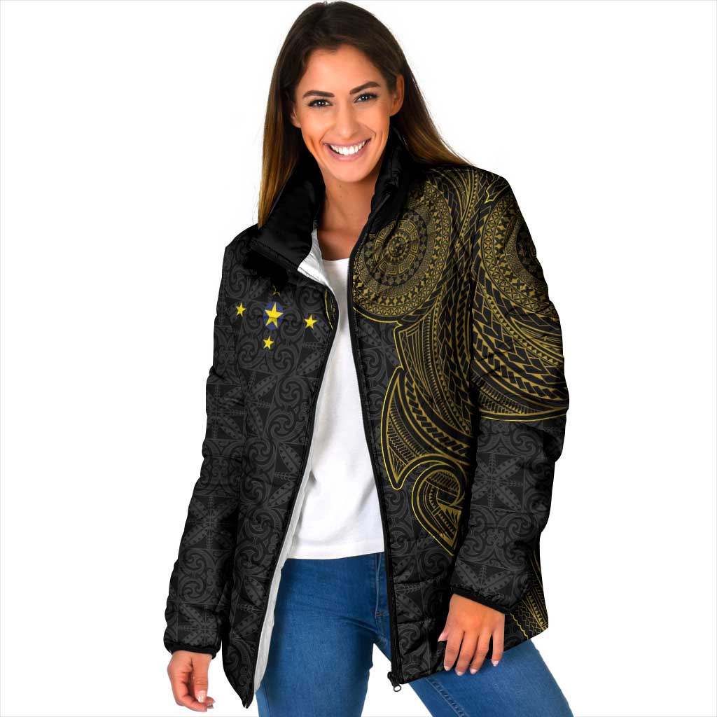 Niue Polynesian Hiapo Tattoo Art Padded Jacket Half Style Black Gold Color - Polynesian Pride