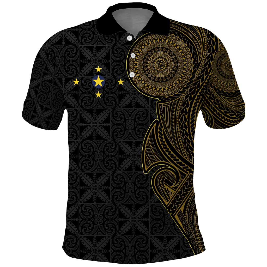 Niue Polynesian Hiapo Tattoo Art Polo Shirt Half Style Black Gold Color - Polynesian Pride