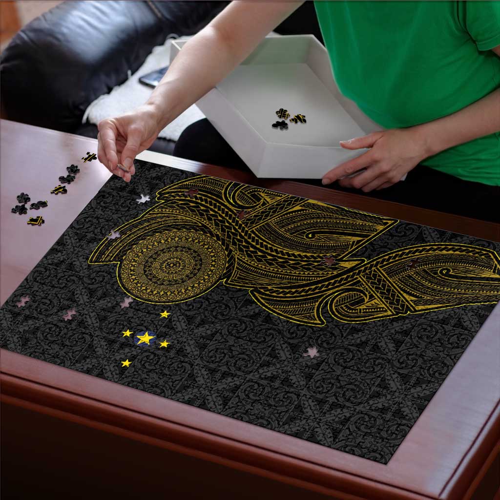 Niue Polynesian Hiapo Tattoo Art Puzzle Half Style Black Gold Color - Polynesian Pride