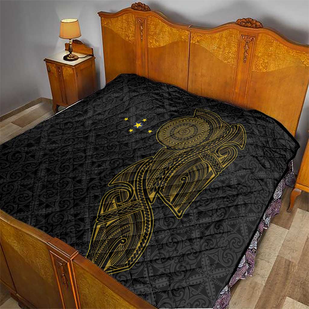 Niue Polynesian Hiapo Tattoo Art Quilt Half Style Black Gold Color - Polynesian Pride