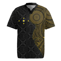 Niue Polynesian Hiapo Tattoo Art Rugby Jersey Half Style Black Gold Color - Polynesian Pride