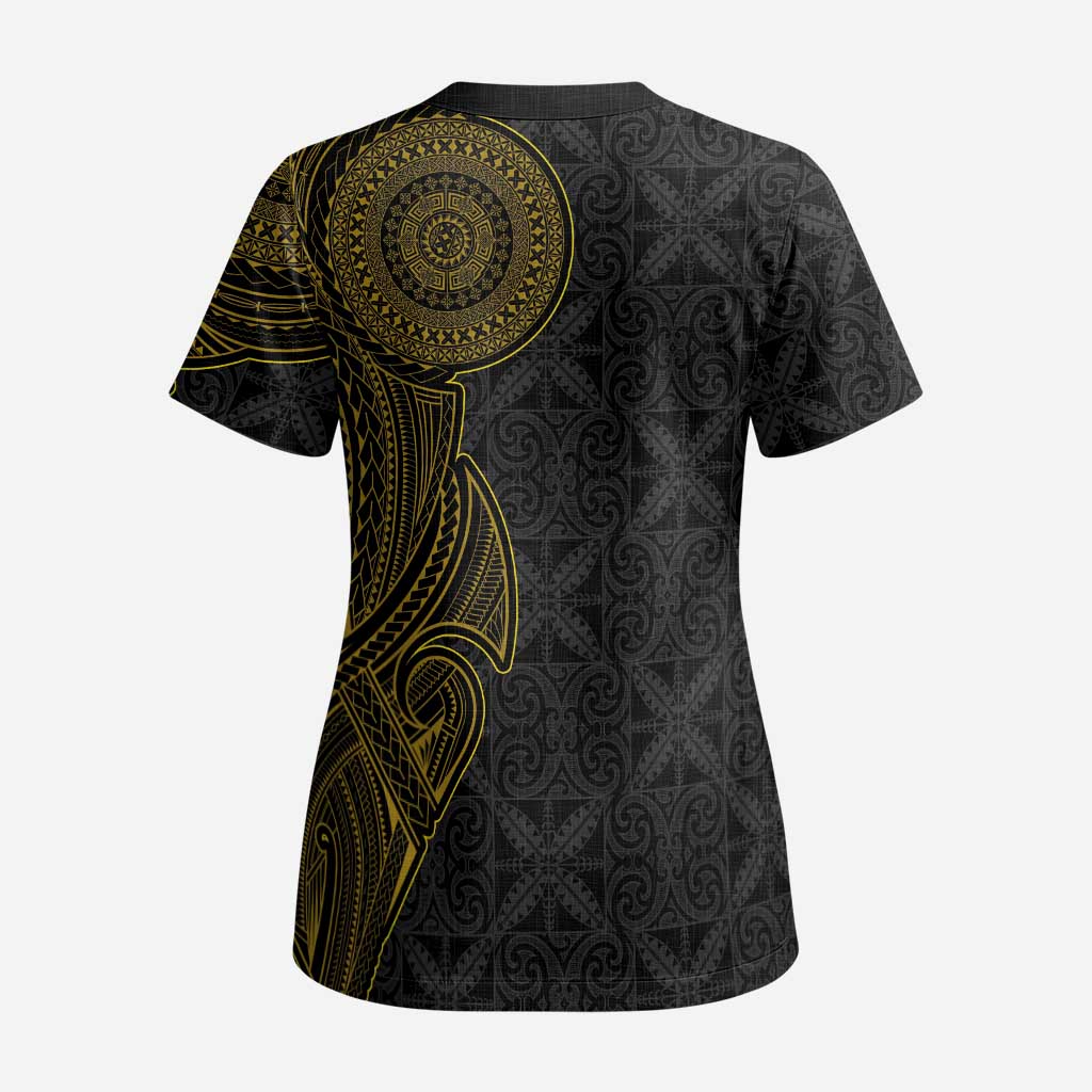 Niue Polynesian Hiapo Tattoo Art Scrub Top Half Style Black Gold Color - Polynesian Pride