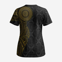 Niue Polynesian Hiapo Tattoo Art Scrub Top Half Style Black Gold Color - Polynesian Pride