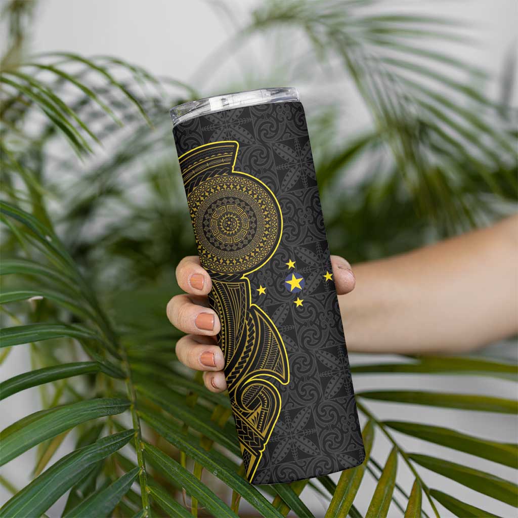 Niue Polynesian Hiapo Tattoo Art Skinny Tumbler Half Style Black Gold Color - Polynesian Pride