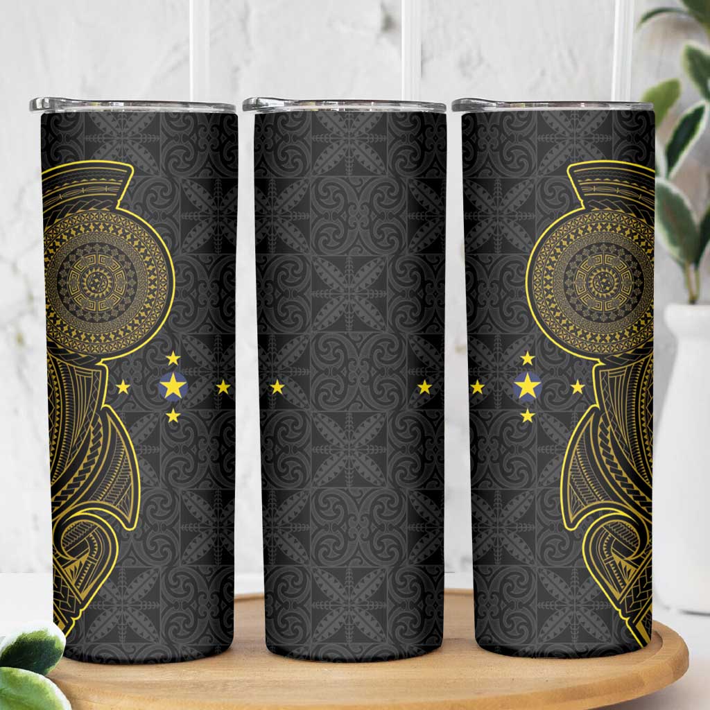 Niue Polynesian Hiapo Tattoo Art Skinny Tumbler Half Style Black Gold Color - Polynesian Pride