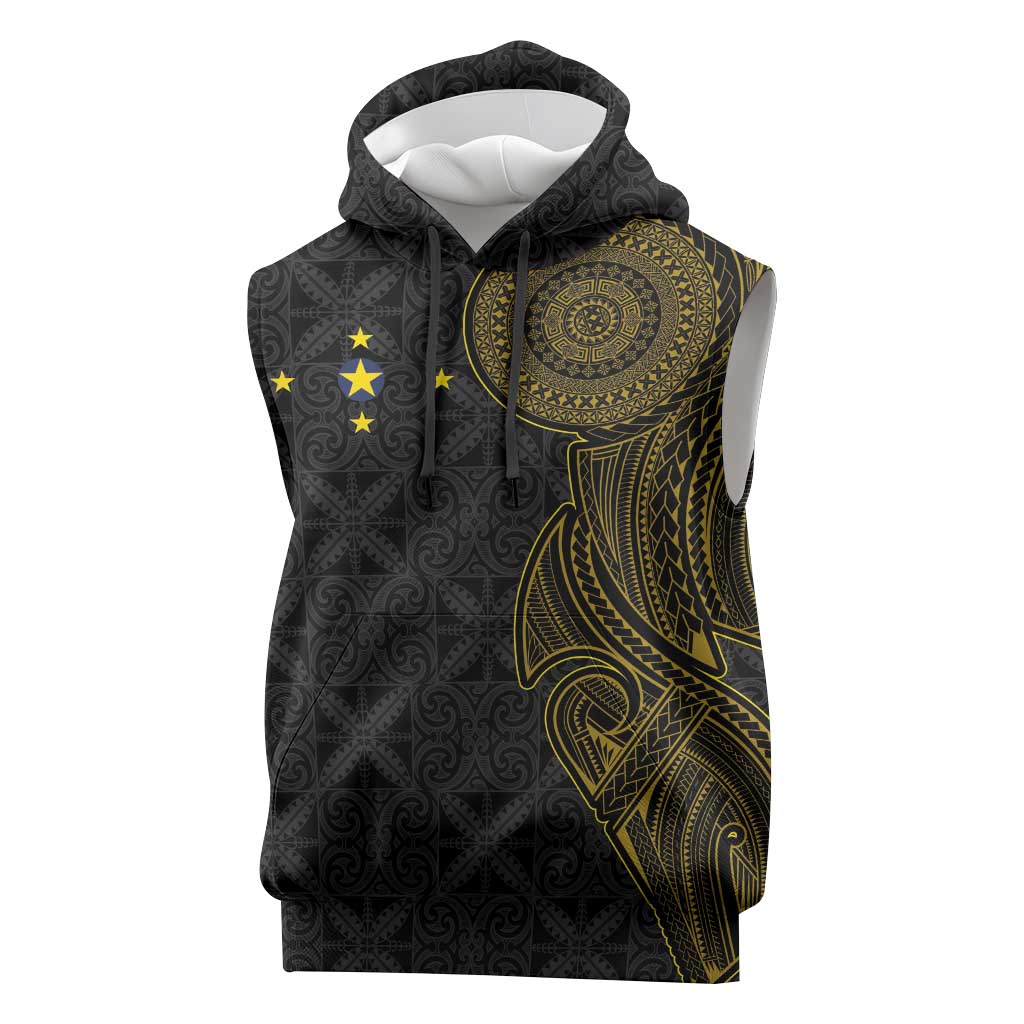 Niue Polynesian Hiapo Tattoo Art Sleeveless Hoodie Half Style Black Gold Color - Polynesian Pride