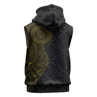 Niue Polynesian Hiapo Tattoo Art Sleeveless Hoodie Half Style Black Gold Color - Polynesian Pride