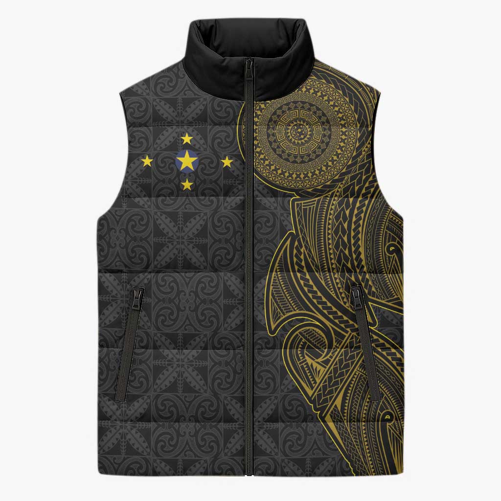 Niue Polynesian Hiapo Tattoo Art Sleeveless Puffer Jacket Half Style Black Gold Color - Polynesian Pride