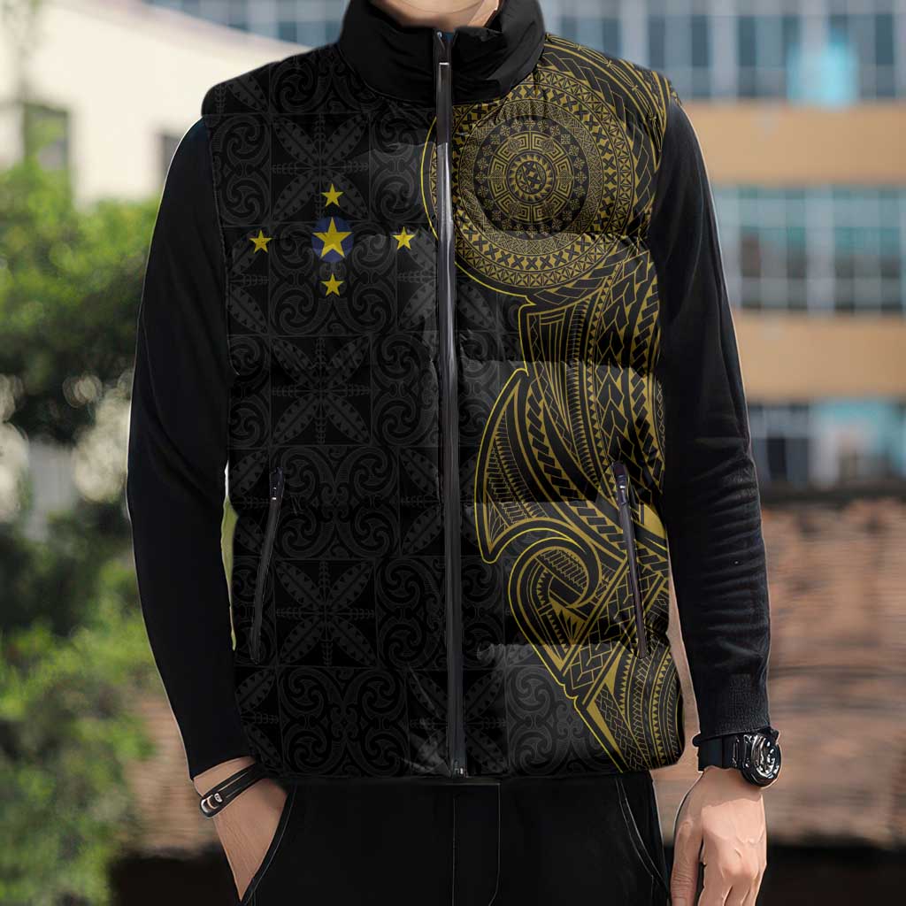 Niue Polynesian Hiapo Tattoo Art Sleeveless Puffer Jacket Half Style Black Gold Color - Polynesian Pride