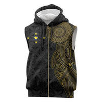 Niue Polynesian Hiapo Tattoo Art Sleeveless Zip Hoodie Half Style Black Gold Color - Polynesian Pride