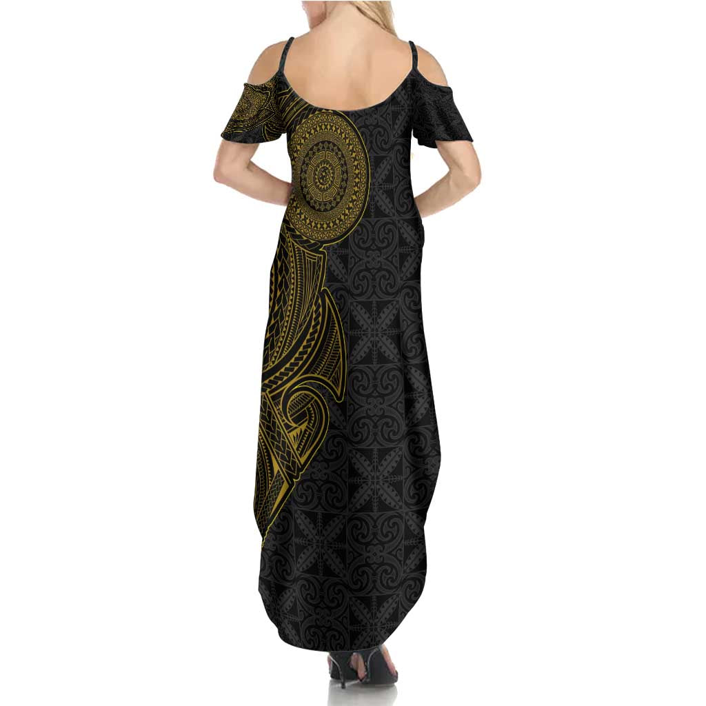 Niue Polynesian Hiapo Tattoo Art Summer Maxi Dress Half Style Black Gold Color - Polynesian Pride