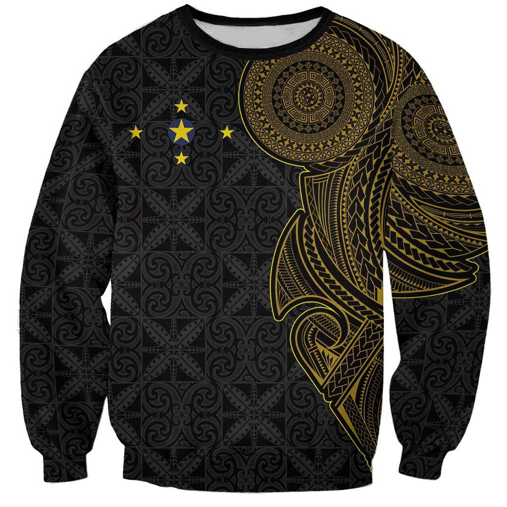 Niue Polynesian Hiapo Tattoo Art Sweatshirt Half Style Black Gold Color - Polynesian Pride
