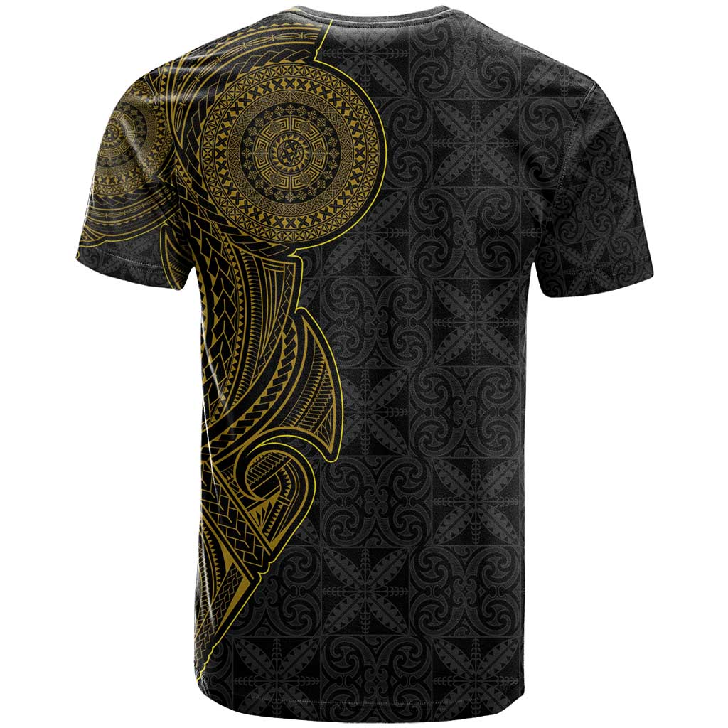 Niue Polynesian Hiapo Tattoo Art T Shirt Half Style Black Gold Color - Polynesian Pride