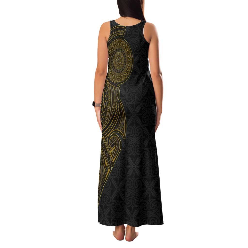 Niue Polynesian Hiapo Tattoo Art Tank Maxi Dress Half Style Black Gold Color - Polynesian Pride