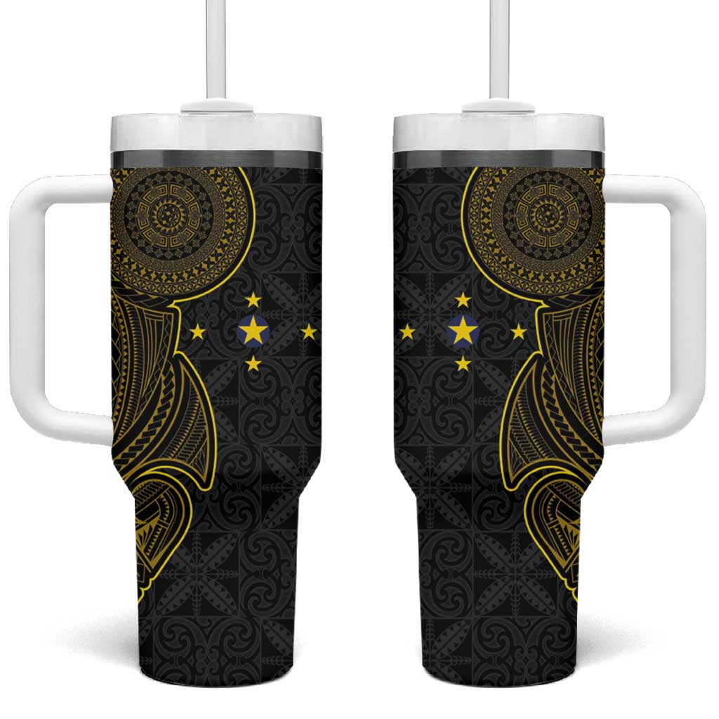 Niue Polynesian Hiapo Tattoo Art Tumbler With Handle Half Style Black Gold Color - Polynesian Pride