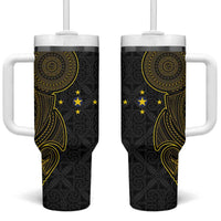 Niue Polynesian Hiapo Tattoo Art Tumbler With Handle Half Style Black Gold Color - Polynesian Pride