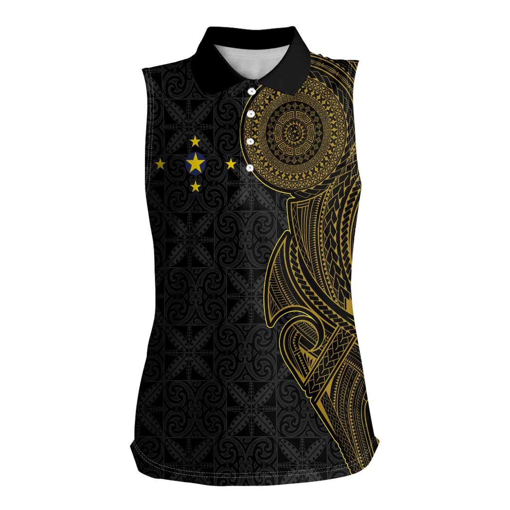 Niue Polynesian Hiapo Tattoo Art Women Sleeveless Polo Shirt Half Style Black Gold Color - Polynesian Pride