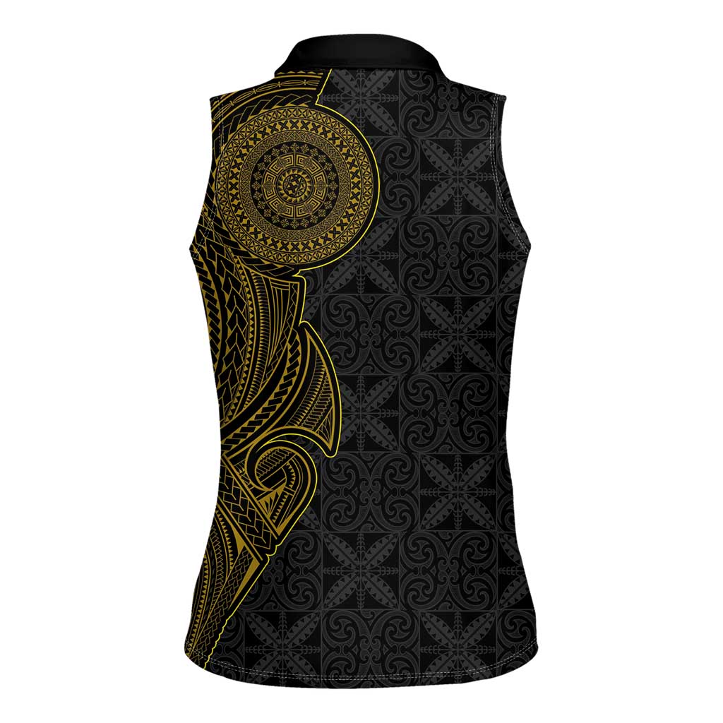Niue Polynesian Hiapo Tattoo Art Women Sleeveless Polo Shirt Half Style Black Gold Color - Polynesian Pride