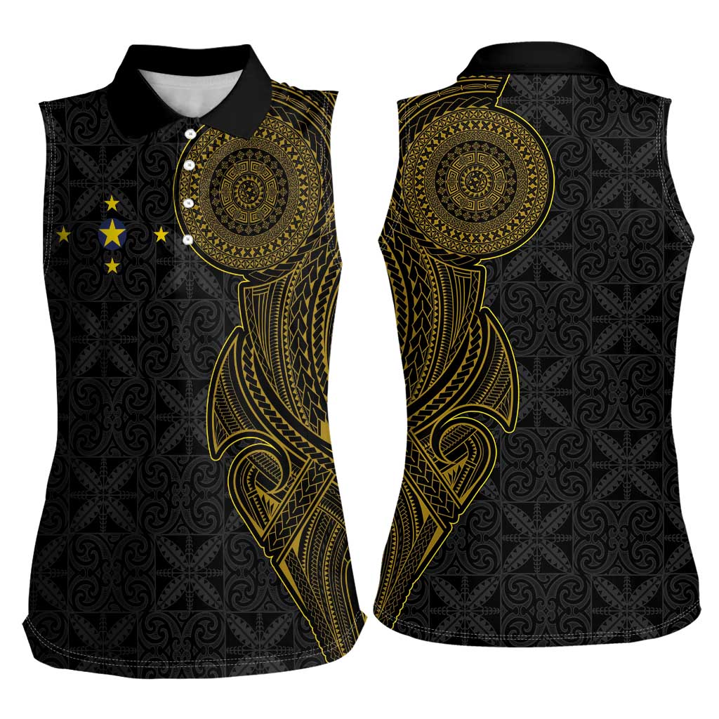 Niue Polynesian Hiapo Tattoo Art Women Sleeveless Polo Shirt Half Style Black Gold Color - Polynesian Pride