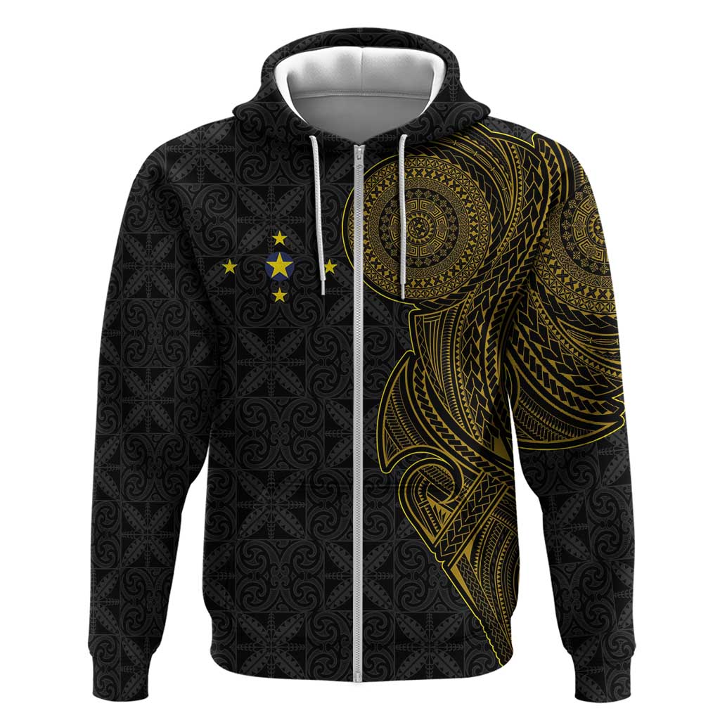 Niue Polynesian Hiapo Tattoo Art Zip Hoodie Half Style Black Gold Color - Polynesian Pride