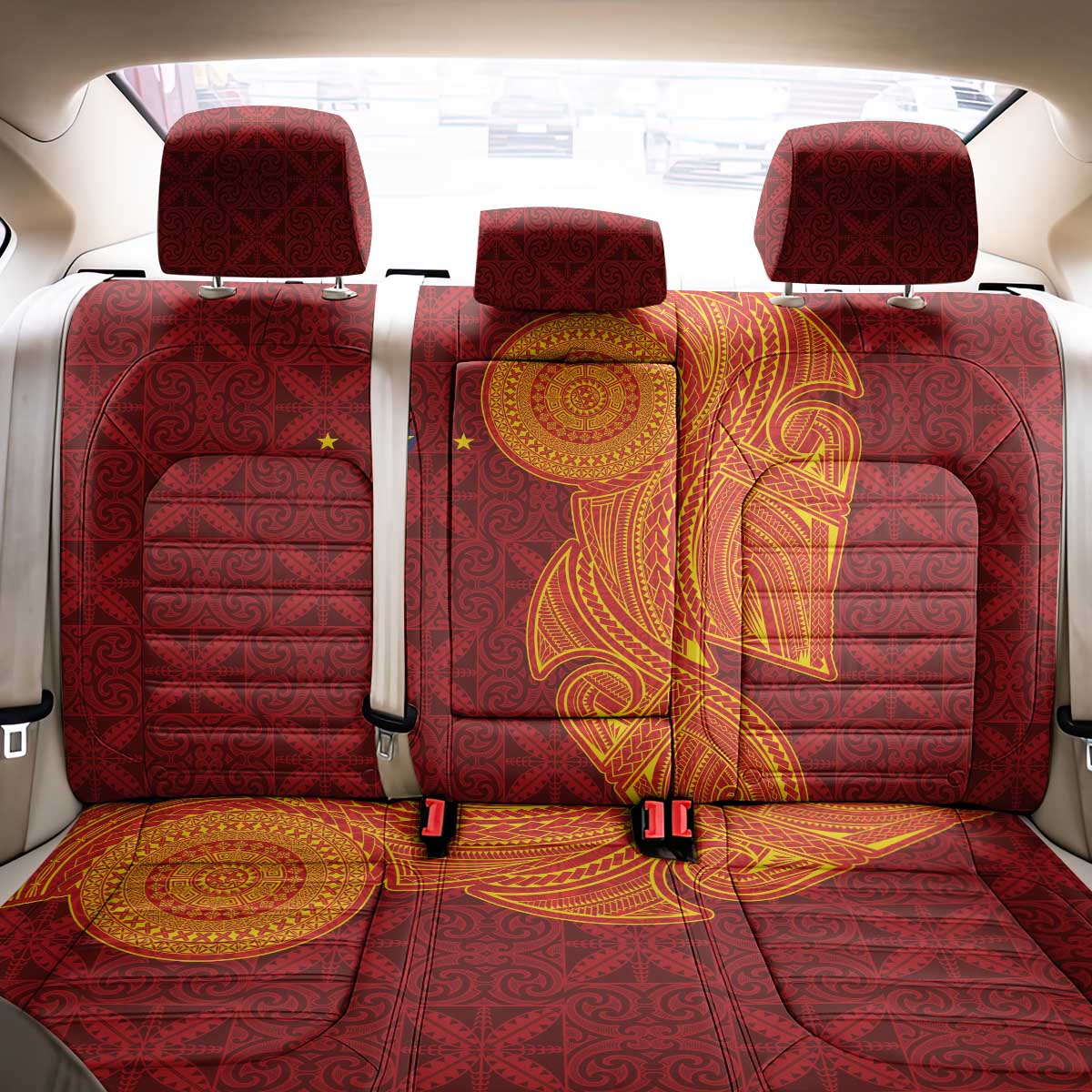 Niue Polynesian Hiapo Tattoo Art Back Car Seat Cover Half Style Red Yellow Color - Polynesian Pride
