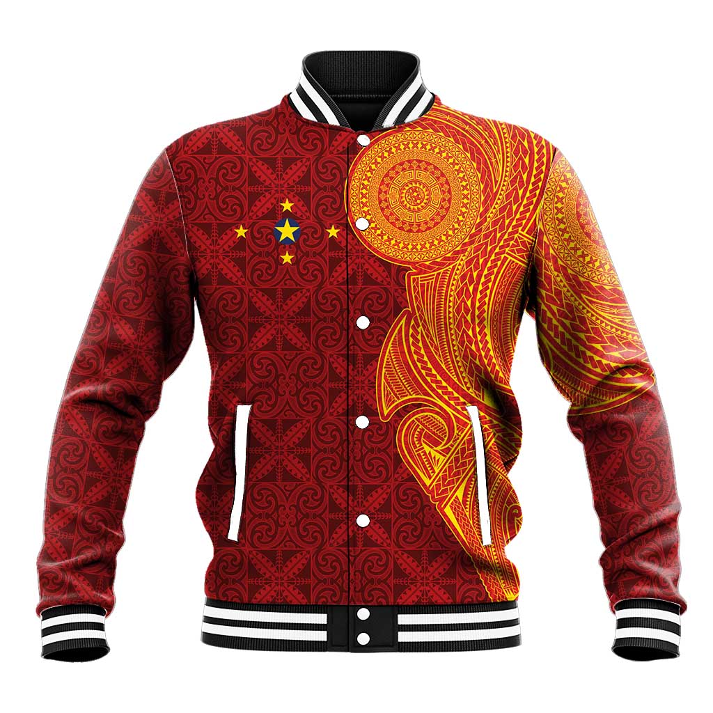 Niue Polynesian Hiapo Tattoo Art Baseball Jacket Half Style Red Yellow Color - Polynesian Pride