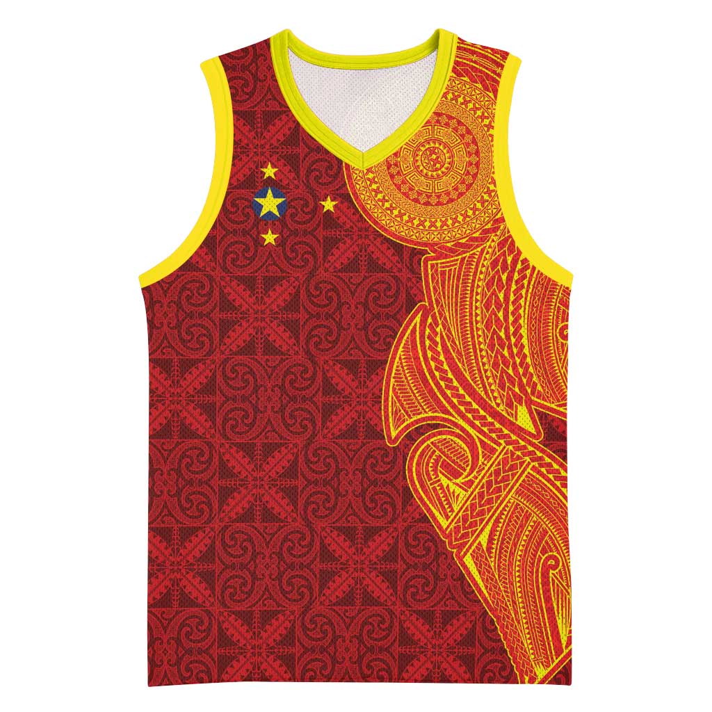 Niue Polynesian Hiapo Tattoo Art Basketball Jersey Half Style Red Yellow Color - Polynesian Pride