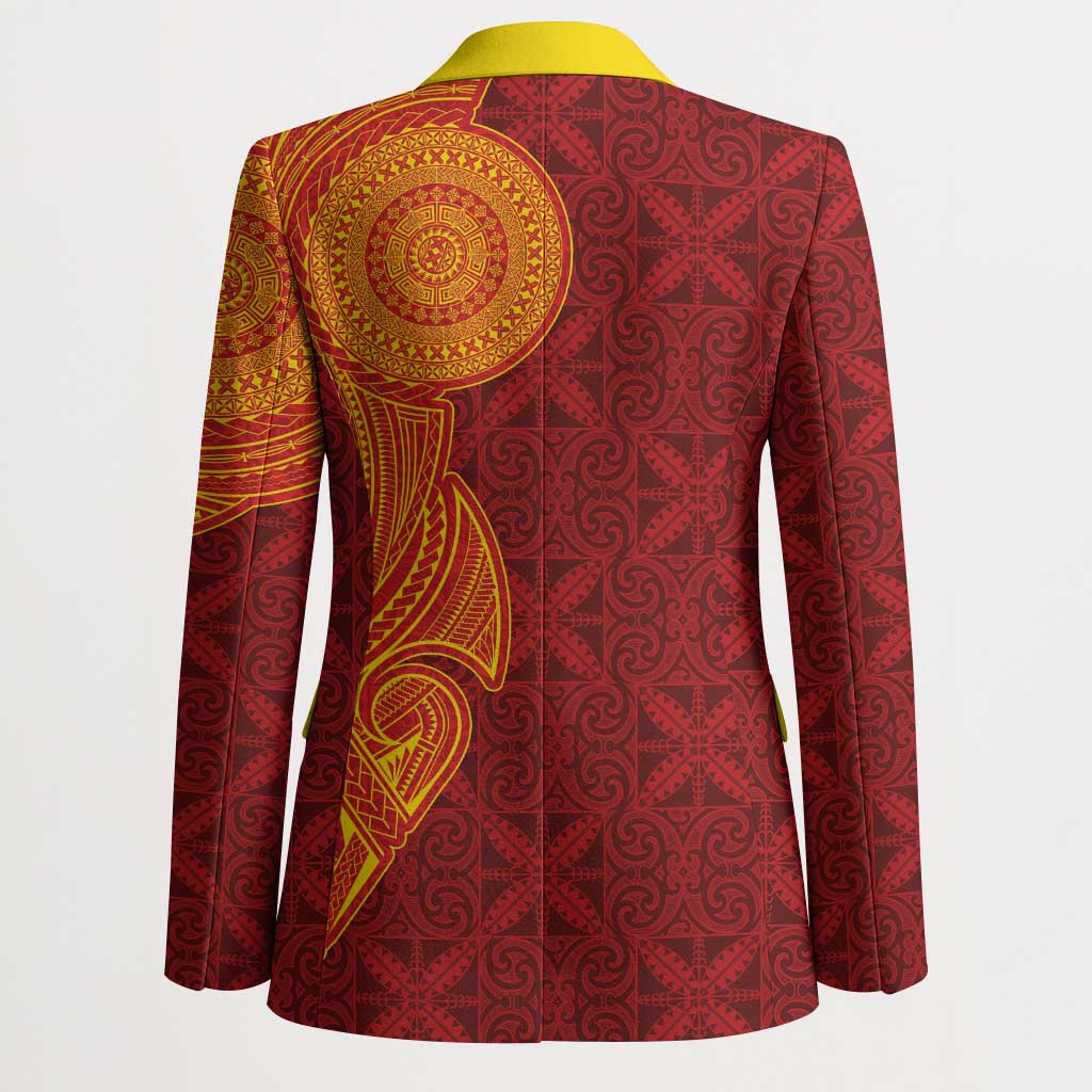 Niue Polynesian Hiapo Tattoo Art Blazer Half Style Red Yellow Color - Polynesian Pride