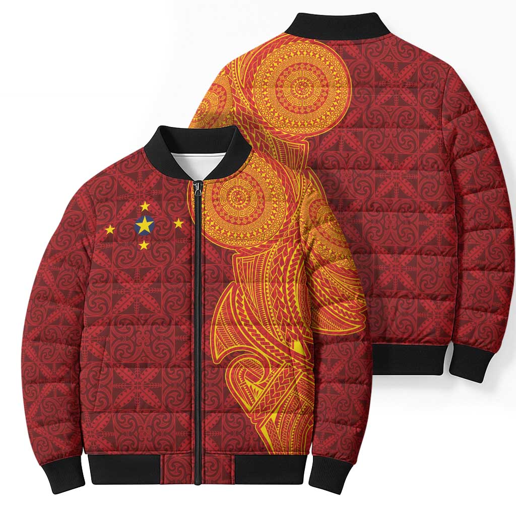 Niue Polynesian Hiapo Tattoo Art Bomber Puffer Jacket Half Style Red Yellow Color - Polynesian Pride