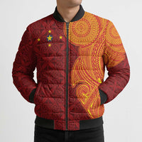 Niue Polynesian Hiapo Tattoo Art Bomber Puffer Jacket Half Style Red Yellow Color - Polynesian Pride