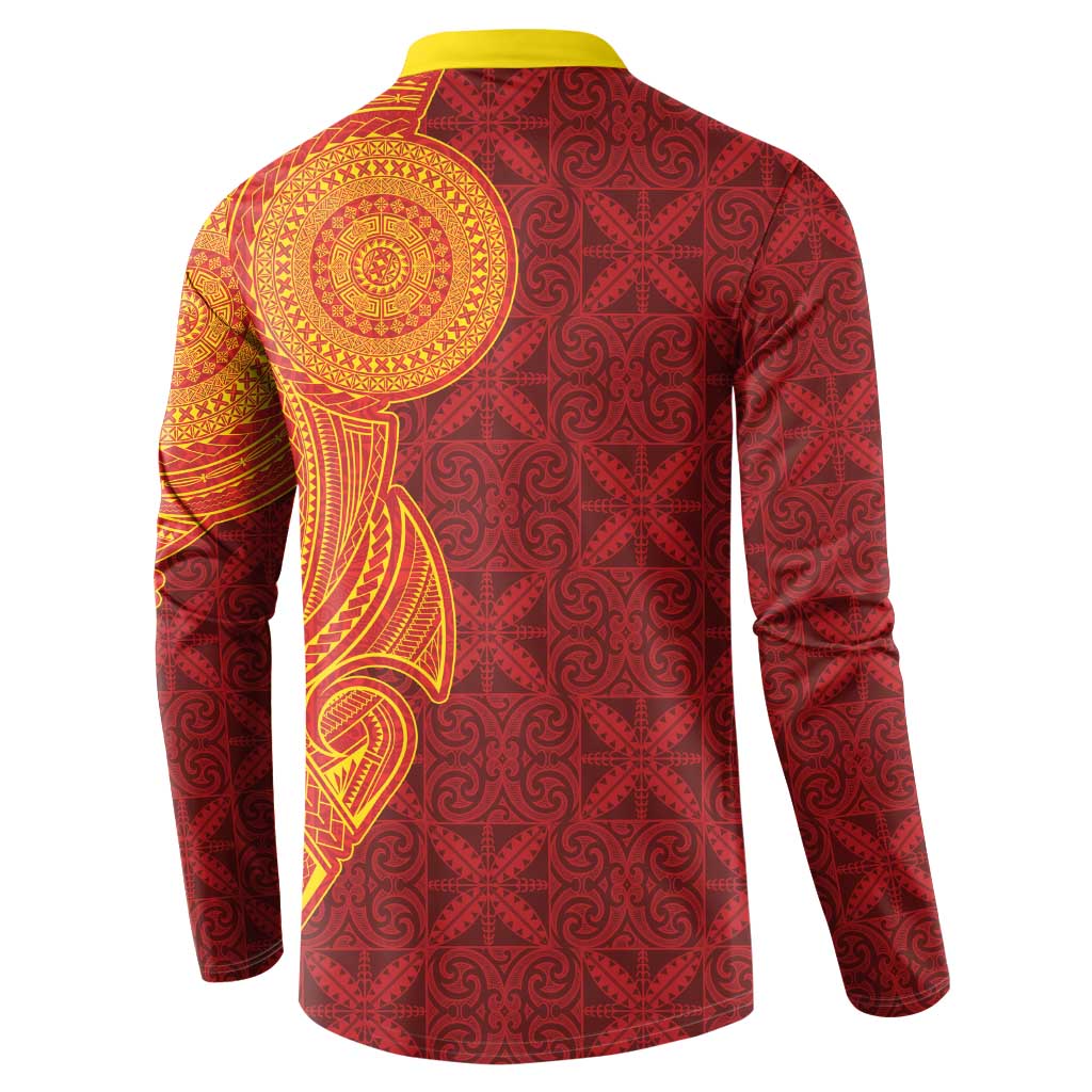 Niue Polynesian Hiapo Tattoo Art Button Sweatshirt Half Style Red Yellow Color - Polynesian Pride